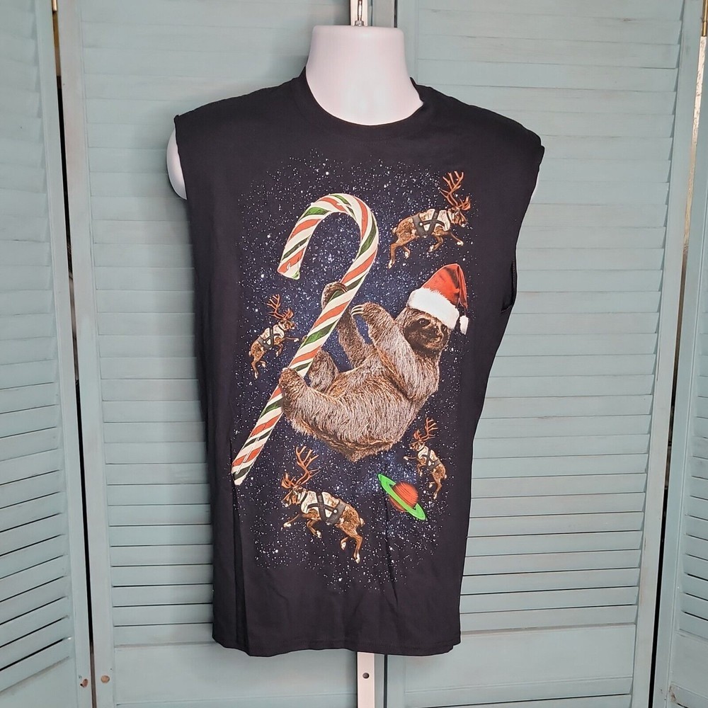 Dec. 25th Christmas Reindeer & Sloth T-Shirt ~ Sz M ~ Dark Blue ~Cut off Sleeves